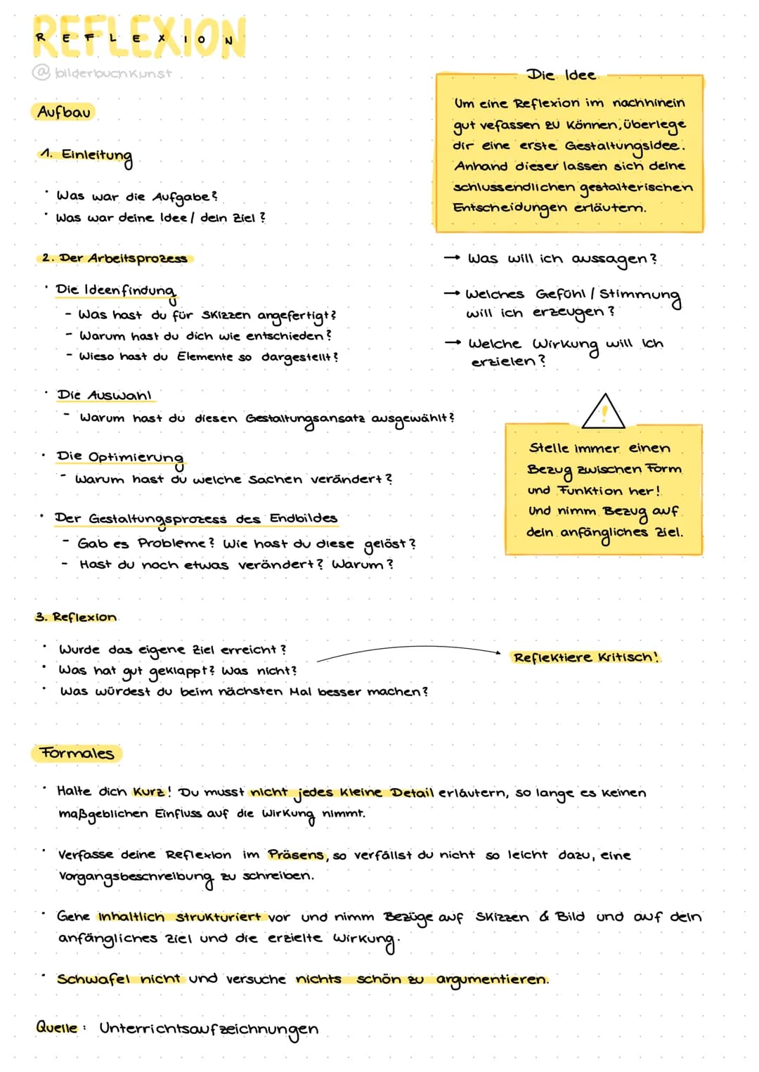 REFLEXION
@bilderbuch Kunst
Aufbau
1. Einleitung
Was war die Aufgabe?
Was war deine Idee / dein Ziel ?
2. Der Arbeitsprozess
• Die Ideen:
de