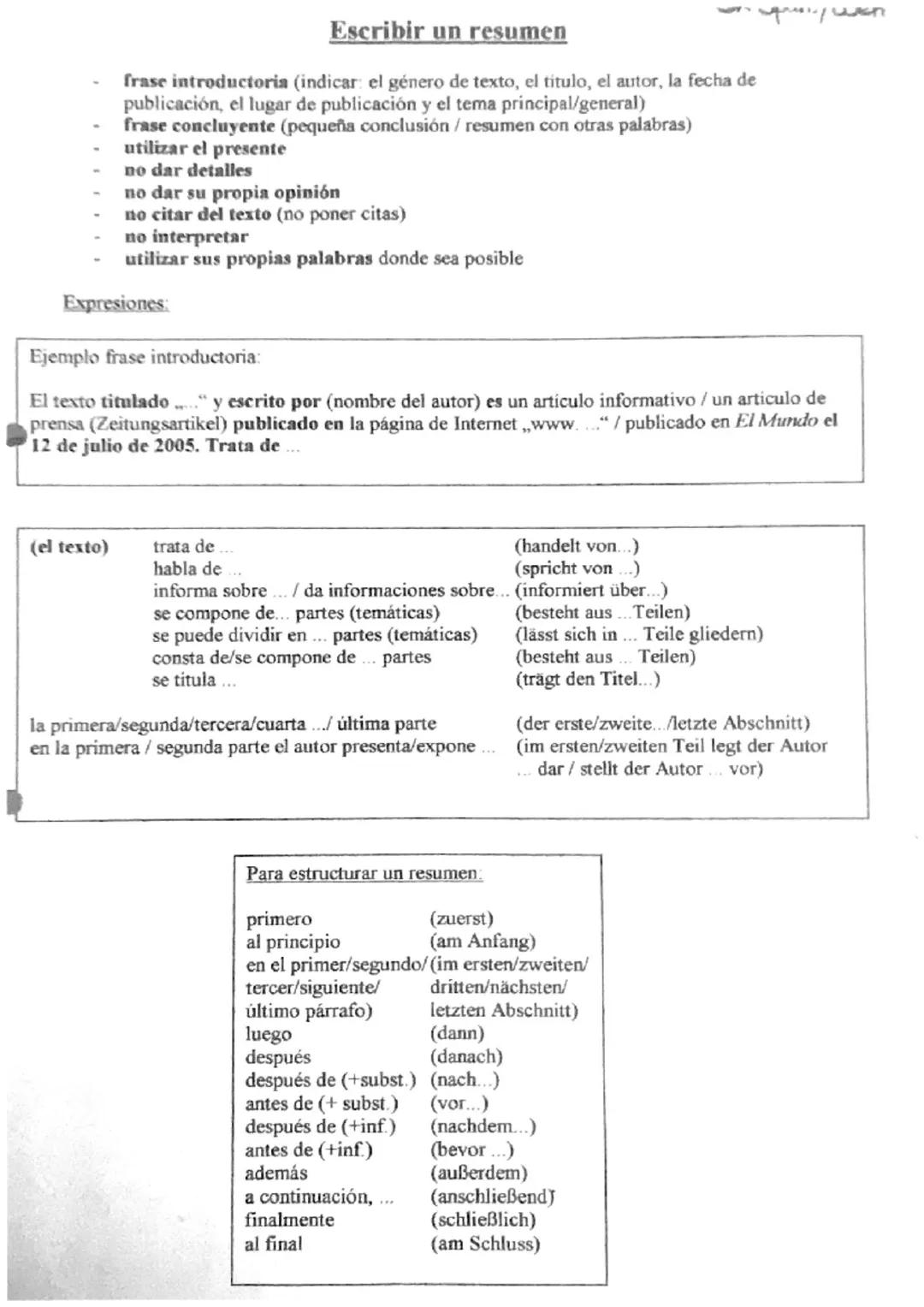 (el texto)
Escribir un resumen
frase introductoria (indicar: el género de texto, el titulo, el autor, la fecha de
publicación, el lugar de p