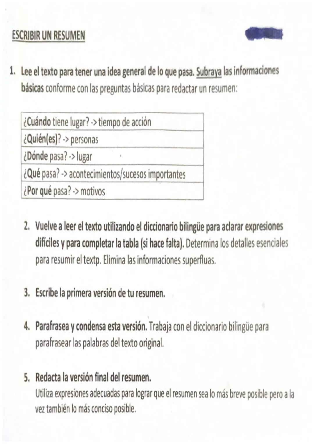 (el texto)
Escribir un resumen
frase introductoria (indicar: el género de texto, el titulo, el autor, la fecha de
publicación, el lugar de p