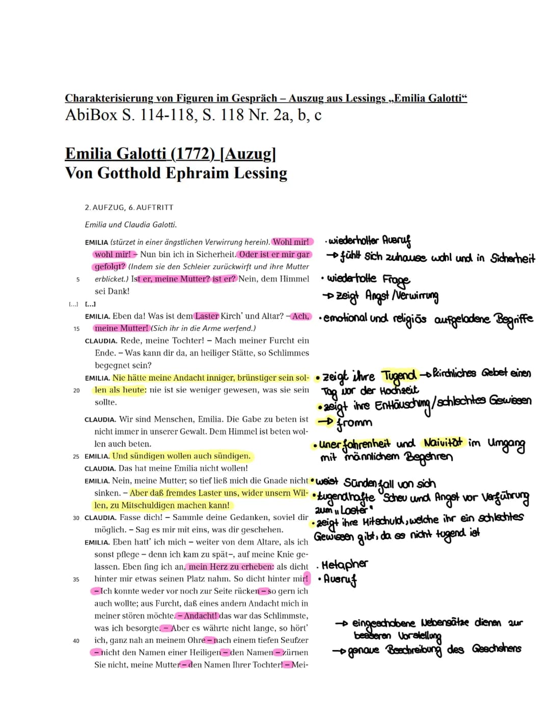 Charakterisierung von Figuren im Gespräch - Auszug aus Lessings ,,Emilia Galotti"
AbiBox S. 114-118, S. 118 Nr. 2a, b, c
Emilia Galotti (177