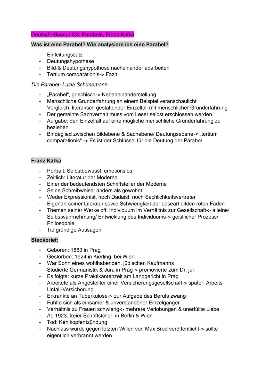 Deutsch-Klausur Q3: Parabeln, Franz Kafka
Was ist eine Parabel? Wie analysiere ich eine Parabel?
Einleitungssatz
Deutungshypothese
Bild- & D