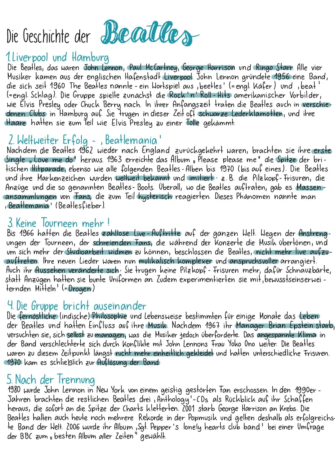 Die Geschichte der Beatles
1. Liverpool und Hamburg
Die Beatles, das waren John Lennon, Paul McCartney, George Harrison und Ringo Starr. All