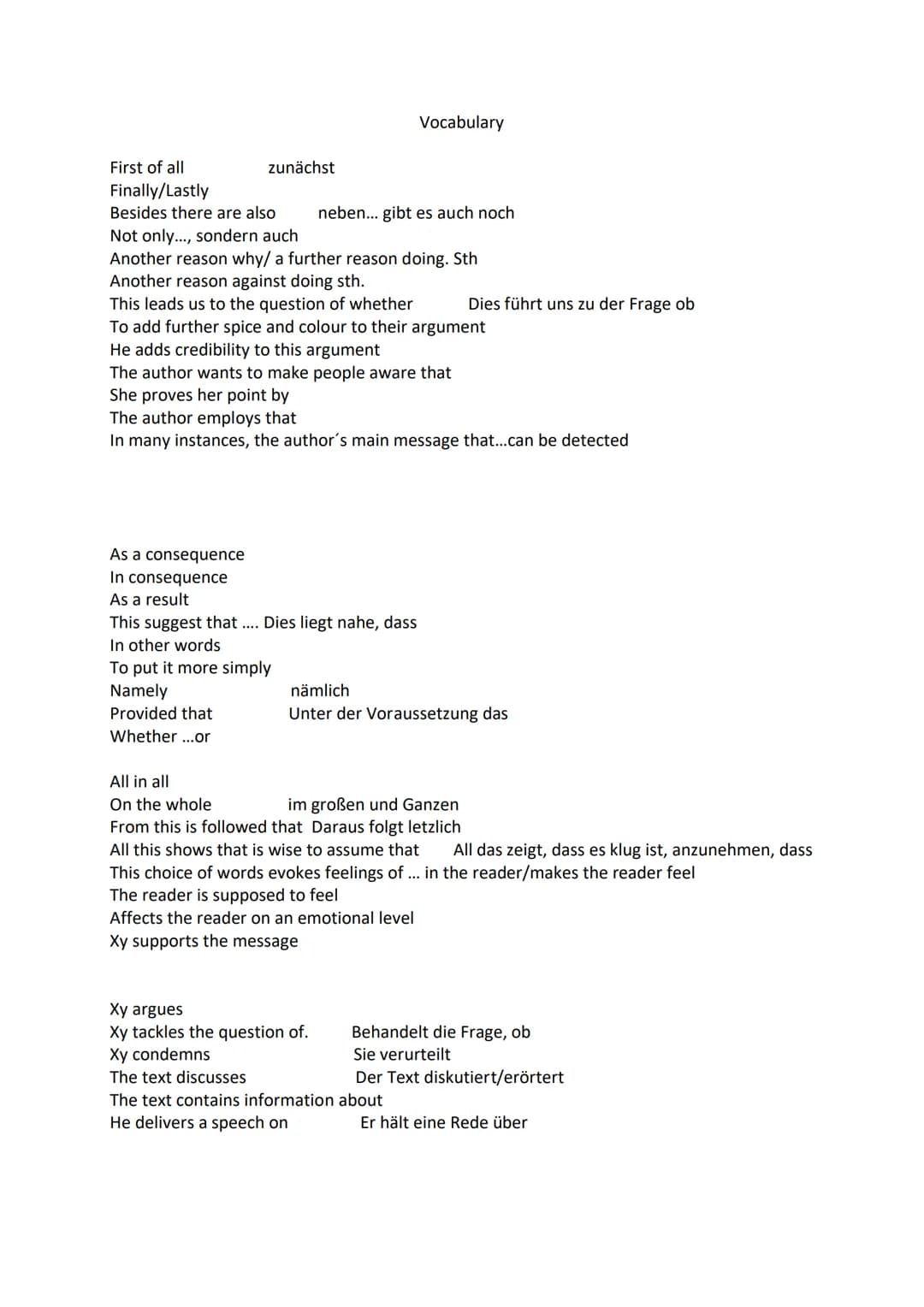 First of all
Finally/Lastly
zunächst
Besides there are also
Not only..., sondern auch
Another reason why/ a further reason doing. Sth
Anothe
