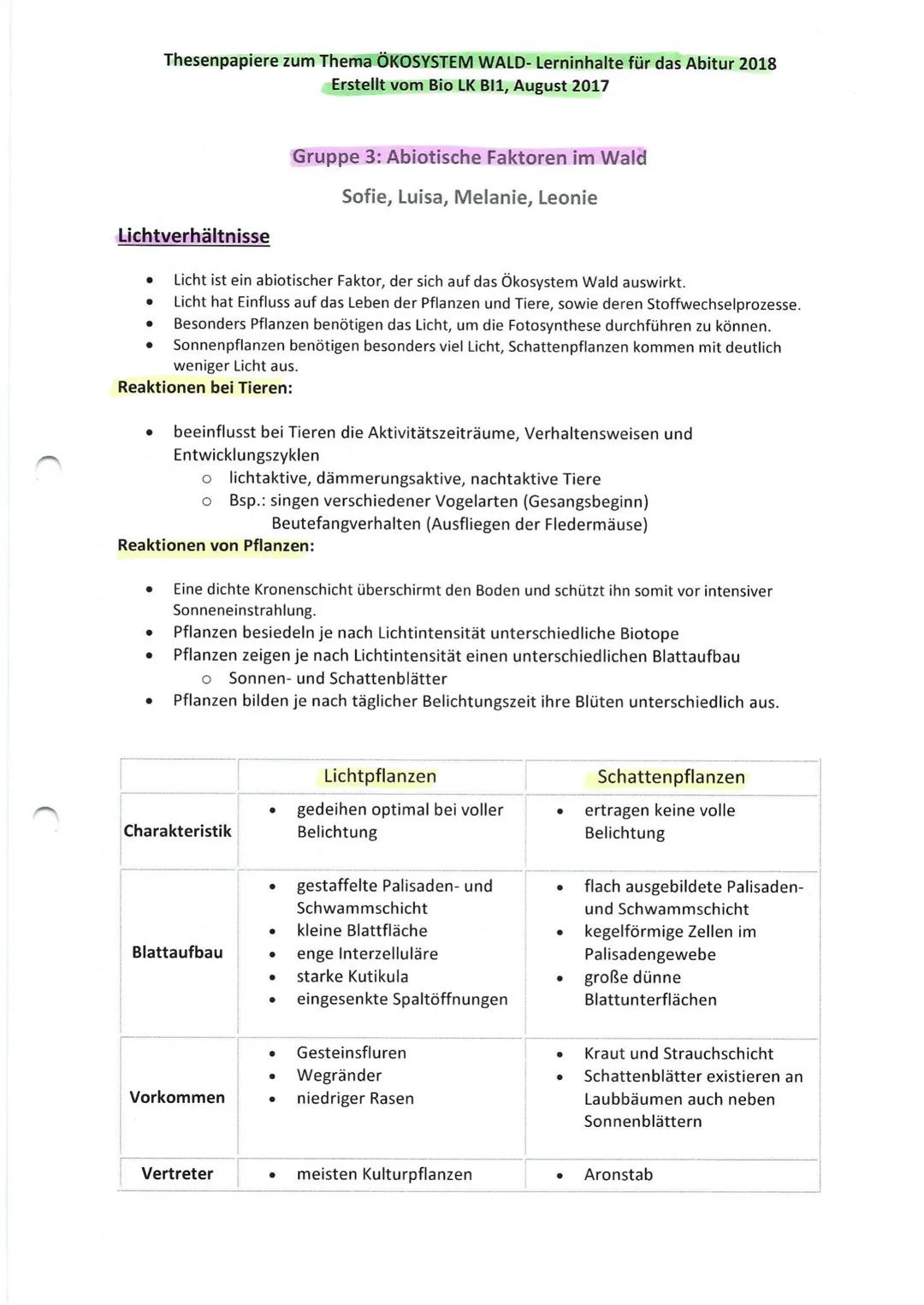 Thesenpapiere zum Thema ÖKOSYSTEM WALD- Lerninhalte für das Abitur 2018
Erstellt vom Bio LK BI1, August 2017
Gruppe 1: Entwicklung und Aufba