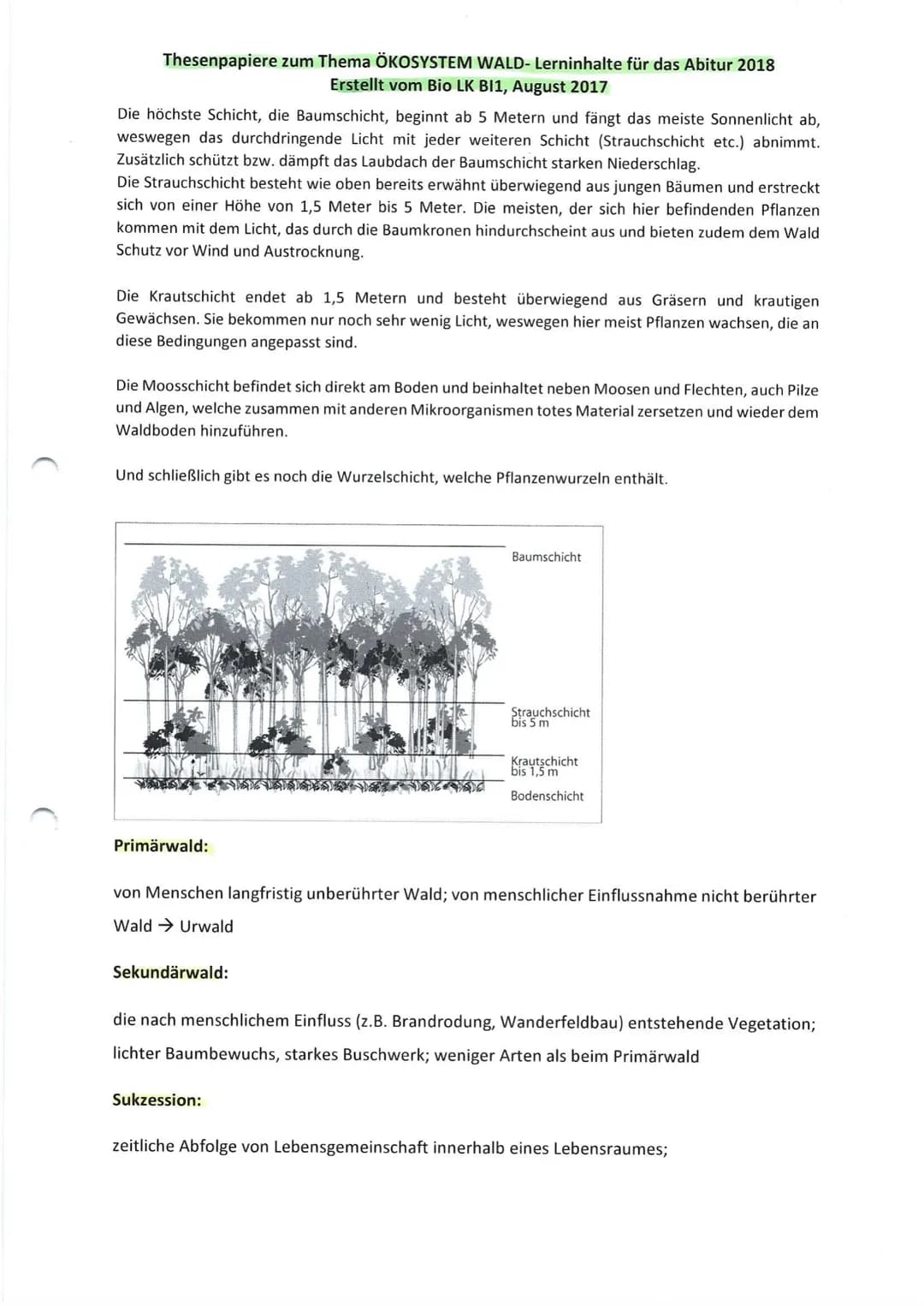 Thesenpapiere zum Thema ÖKOSYSTEM WALD- Lerninhalte für das Abitur 2018
Erstellt vom Bio LK BI1, August 2017
Gruppe 1: Entwicklung und Aufba