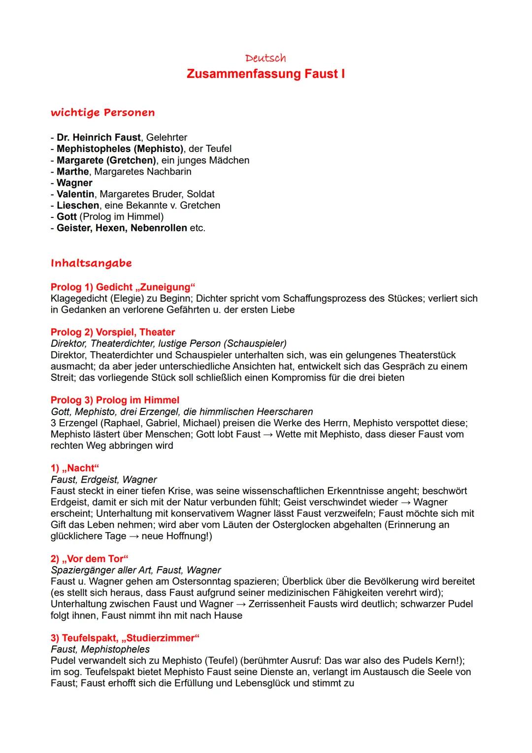 # Deutsch
Zusammenfassung Faust I

## wichtige Personen

- Dr. Heinrich Faust, Gelehrter
- Mephistopheles (Mephisto), der Teufel
- Margarete