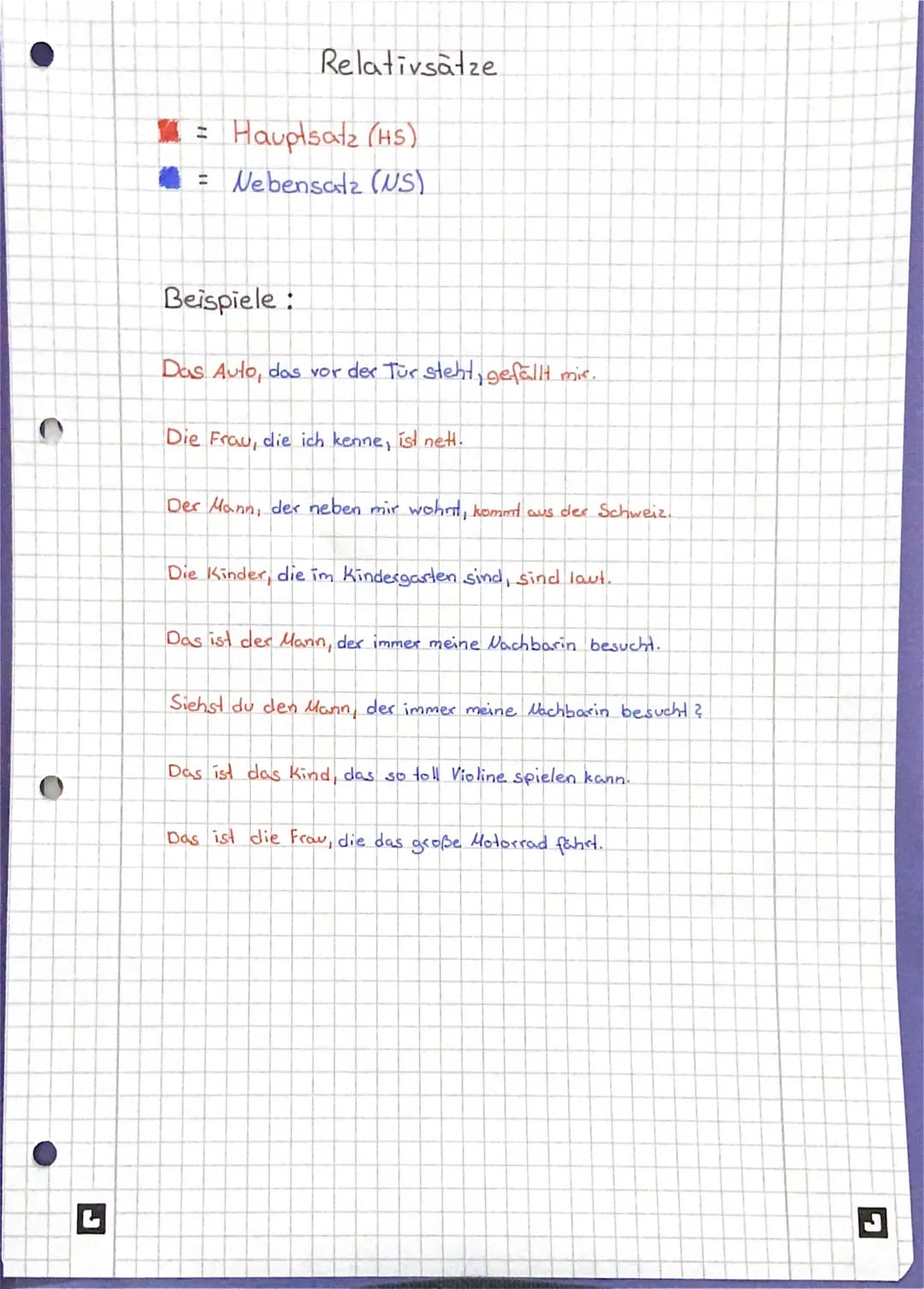 с
O
Relativsätze.
= Hauptsatz (HS)
= Nebensatz (US)
Beispiele:
Das Auto, das vor der Tür steht, gefällt mir.
Die Frau, die ich kenne, ist ne