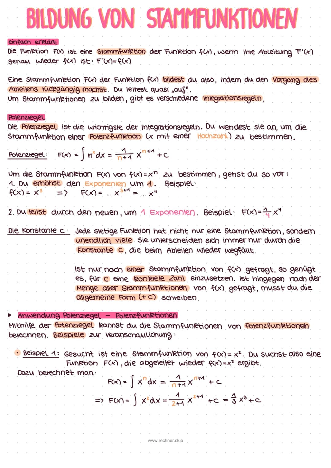 BILDUNG VON STAMMFUNKTIONEN
einfach erklärt
Die Funktion F(x) ist eine Stammfunktion der Funktion f(x), wenn ihre Ableitung F'(x)
genau wied