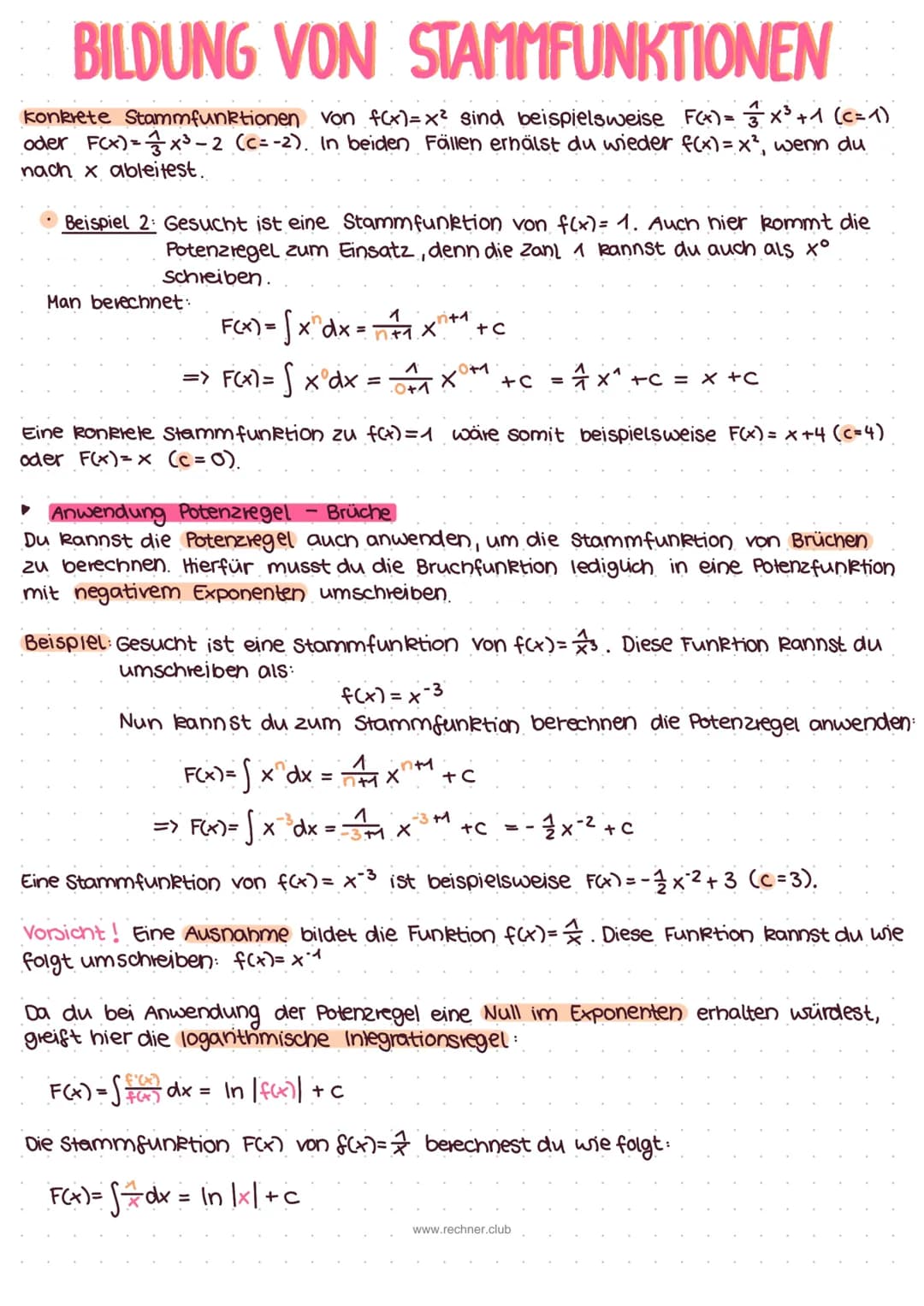 BILDUNG VON STAMMFUNKTIONEN
einfach erklärt
Die Funktion F(x) ist eine Stammfunktion der Funktion f(x), wenn ihre Ableitung F'(x)
genau wied