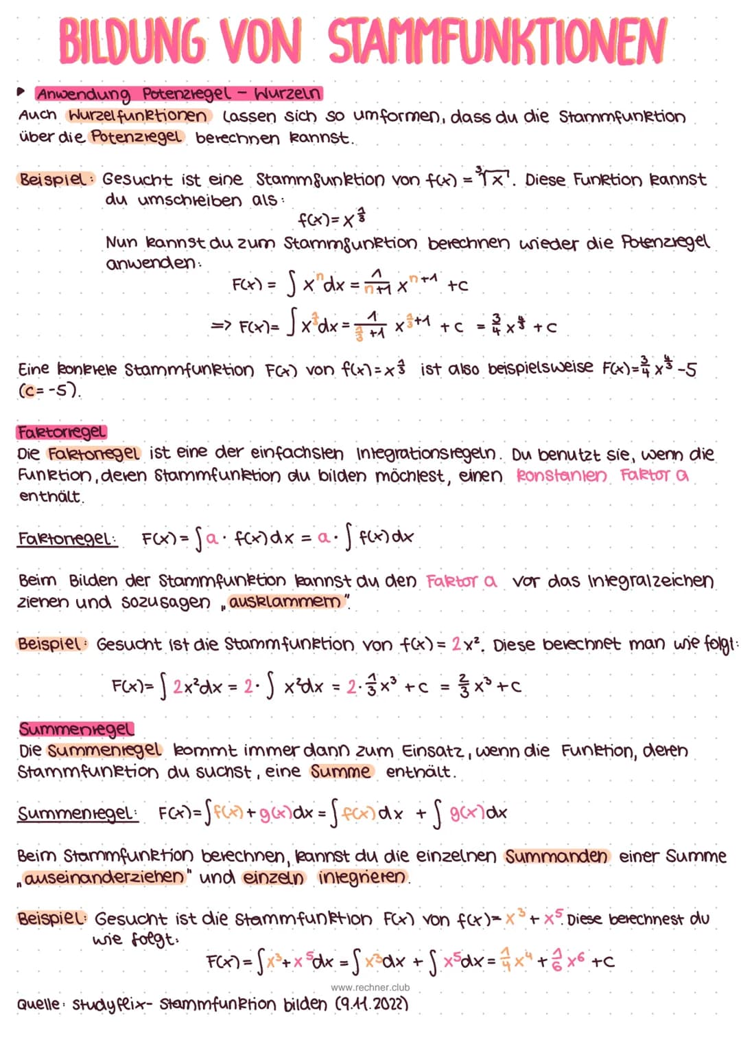 BILDUNG VON STAMMFUNKTIONEN
einfach erklärt
Die Funktion F(x) ist eine Stammfunktion der Funktion f(x), wenn ihre Ableitung F'(x)
genau wied