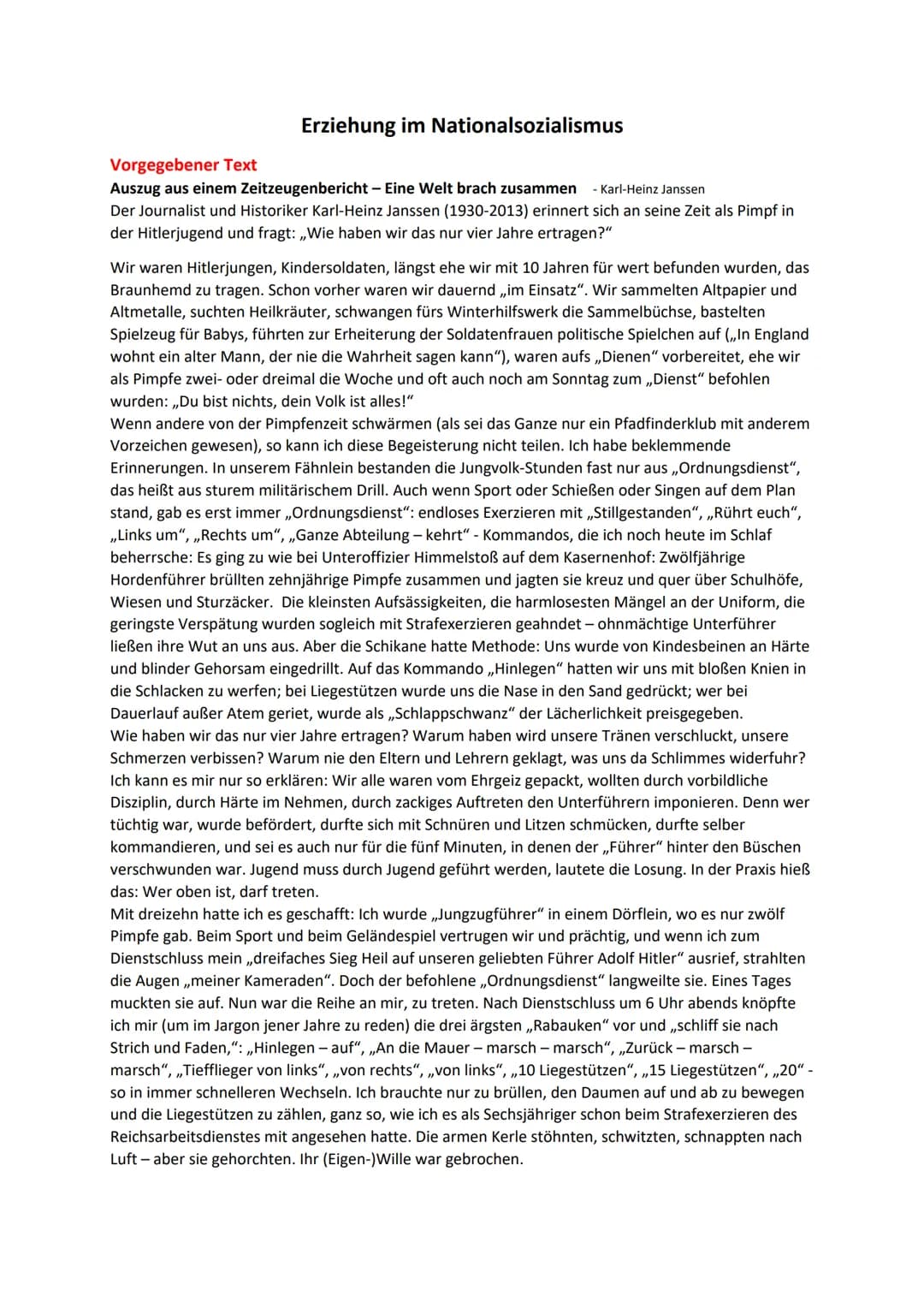 Erziehung im Nationalsozialismus
Vorgegebener Text
Auszug aus einem Zeitzeugenbericht - Eine Welt brach zusammen - Karl-Heinz Janssen
Der Jo