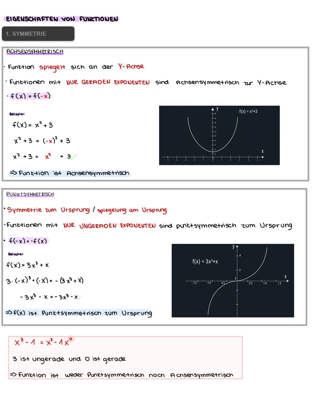 EIGENSCHAFTEN VON FUNKTIONEN
1. SYMMETRIE
ACHSENSYMMETRISCH
• Funktion spiegelt sich an der Y-Achse
• Funktionen mit NUR GERADEN EXPONENTEN 