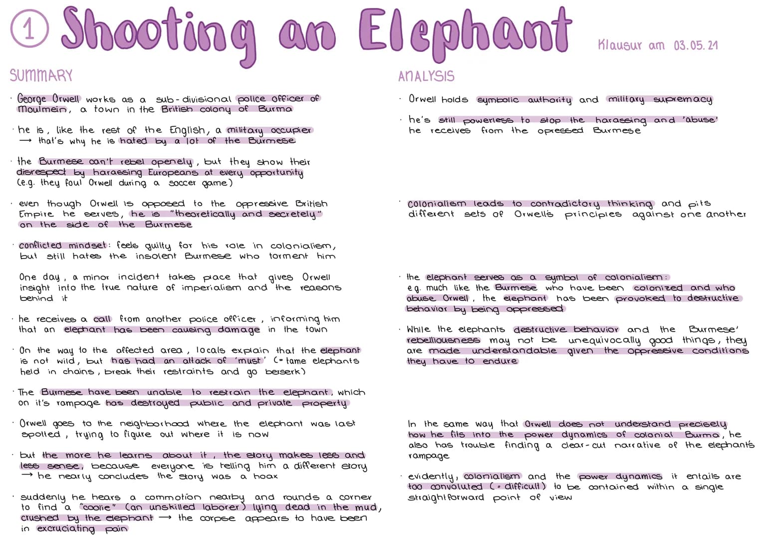 1
Shooting an Elephant
SUMMARY
George Orwell works as a sub-divisional police officer of
Moulmein, a town in the British colony of Burma
he 