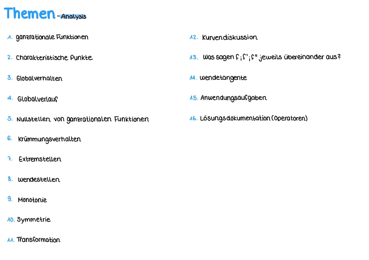 Themen-Analysis
A. ganzrationale Funktionen
2. Charakteristische Punkte
3. Globalverhalten
4. Globalverlauf
5. Nullstellen von ganzrationale