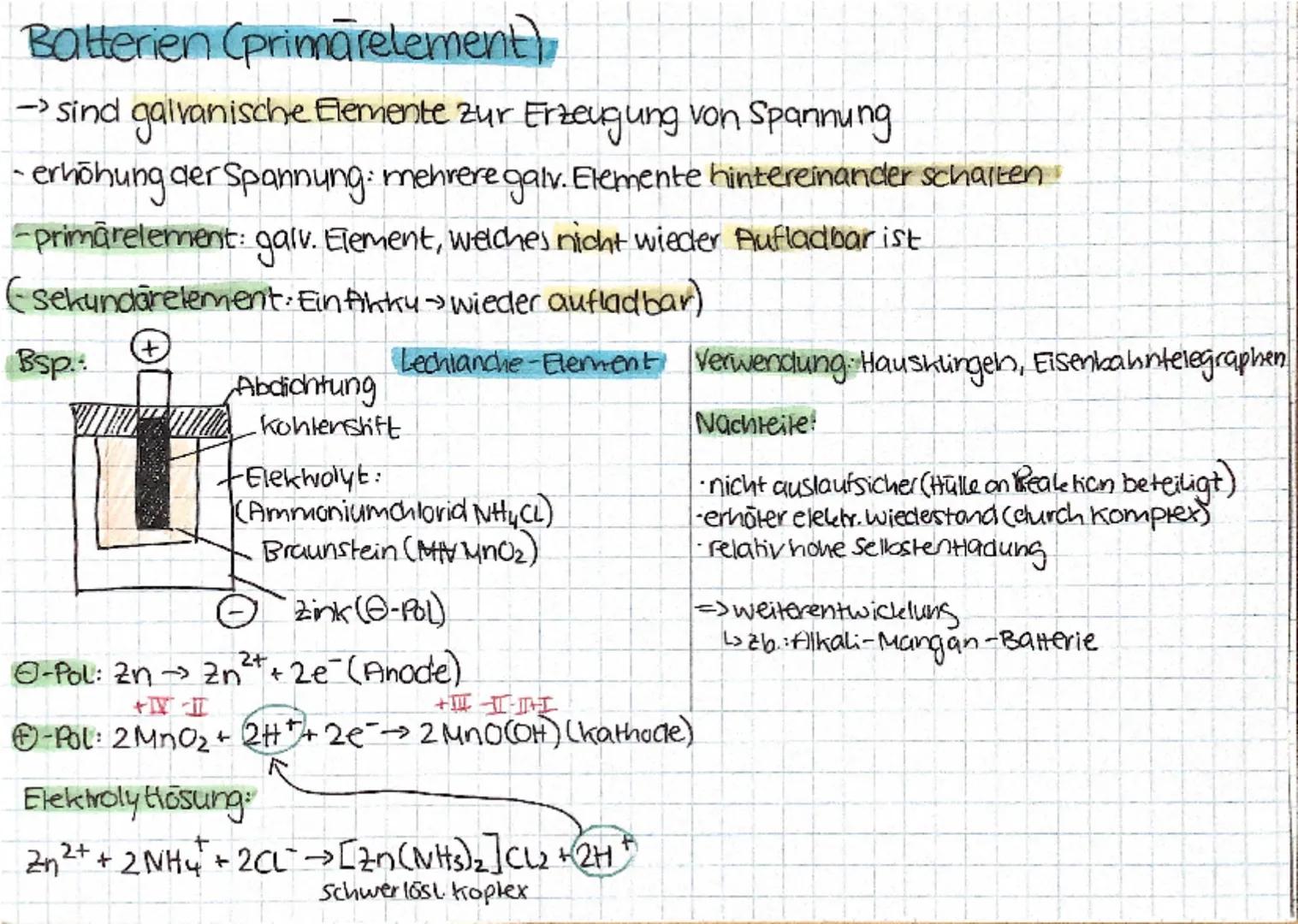 --- OCR Start ---
Batterien (primarelement)
-> sind galvanische Elemente zur Erzeugung von Spannung
- erhöhung der Spannung: mehrere galv. E