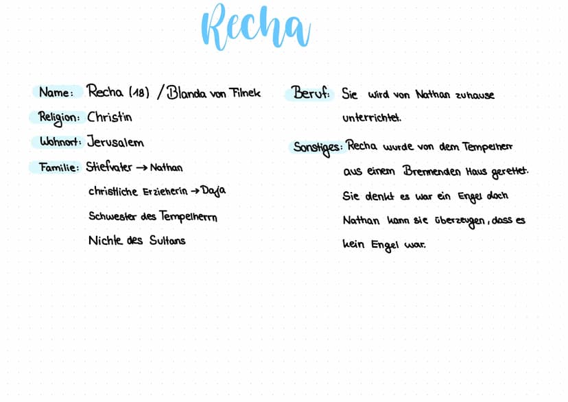 Name: Nathan
Religion: Jude
Wohnort: Jerusalem
Nathan
Familie: Recha → Adoptivfochter
Daja
→ Er hatte 7 Söhne und eine Frau die
→ christlich