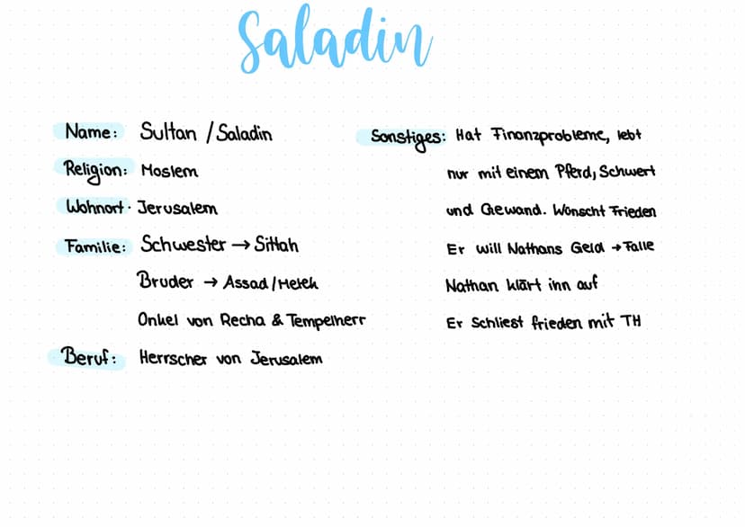 Name: Nathan
Religion: Jude
Wohnort: Jerusalem
Nathan
Familie: Recha → Adoptivfochter
Daja
→ Er hatte 7 Söhne und eine Frau die
→ christlich