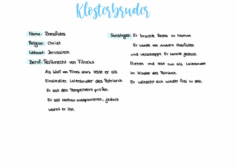 Name: Nathan
Religion: Jude
Wohnort: Jerusalem
Nathan
Familie: Recha → Adoptivfochter
Daja
→ Er hatte 7 Söhne und eine Frau die
→ christlich