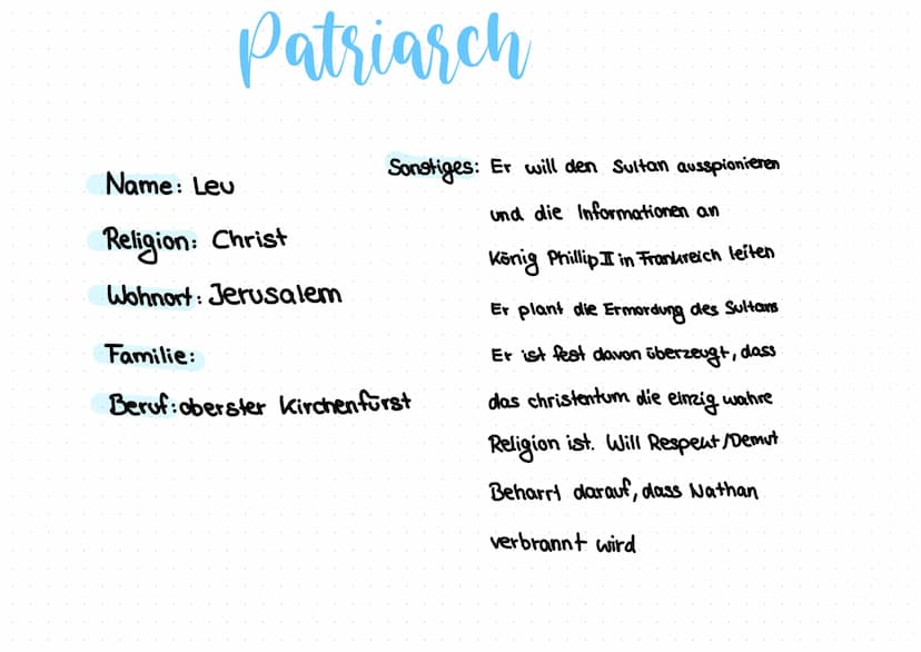 Name: Nathan
Religion: Jude
Wohnort: Jerusalem
Nathan
Familie: Recha → Adoptivfochter
Daja
→ Er hatte 7 Söhne und eine Frau die
→ christlich
