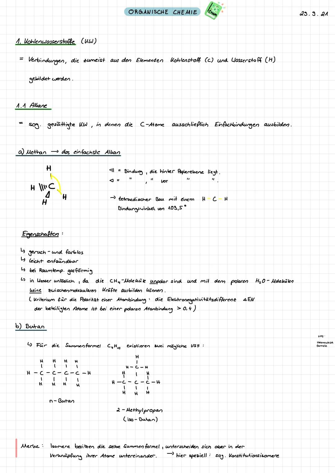 1. Kohlenwasserstoffe (KW)
= Verbindungen, die zumeist aus den Elementen Kohlenstoff (c) und Wasserstoff (H)
1.1 Allane
=
gebildet werden.
a