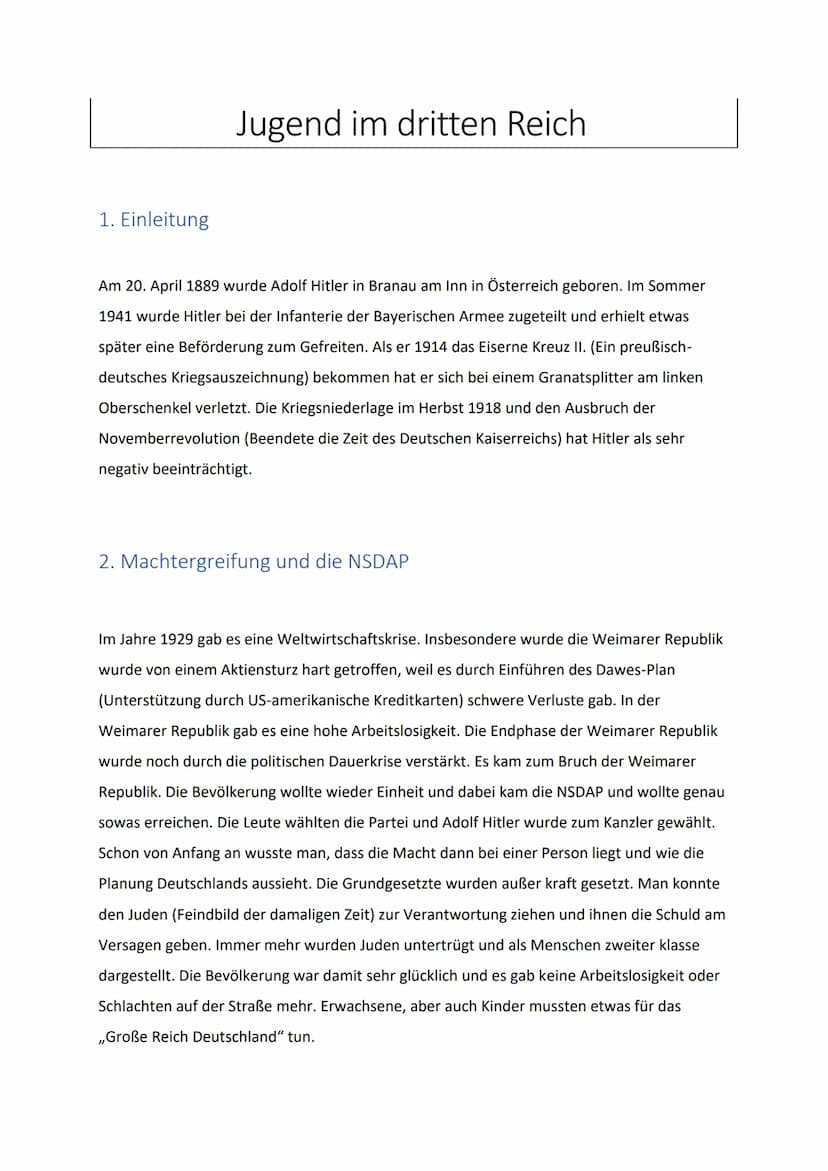 
<h2 id="einleitung">Einleitung</h2>
<p>Die Jugend im Dritten Reich war von großer Bedeutung für die nationalsozialistische Ideologie und wu