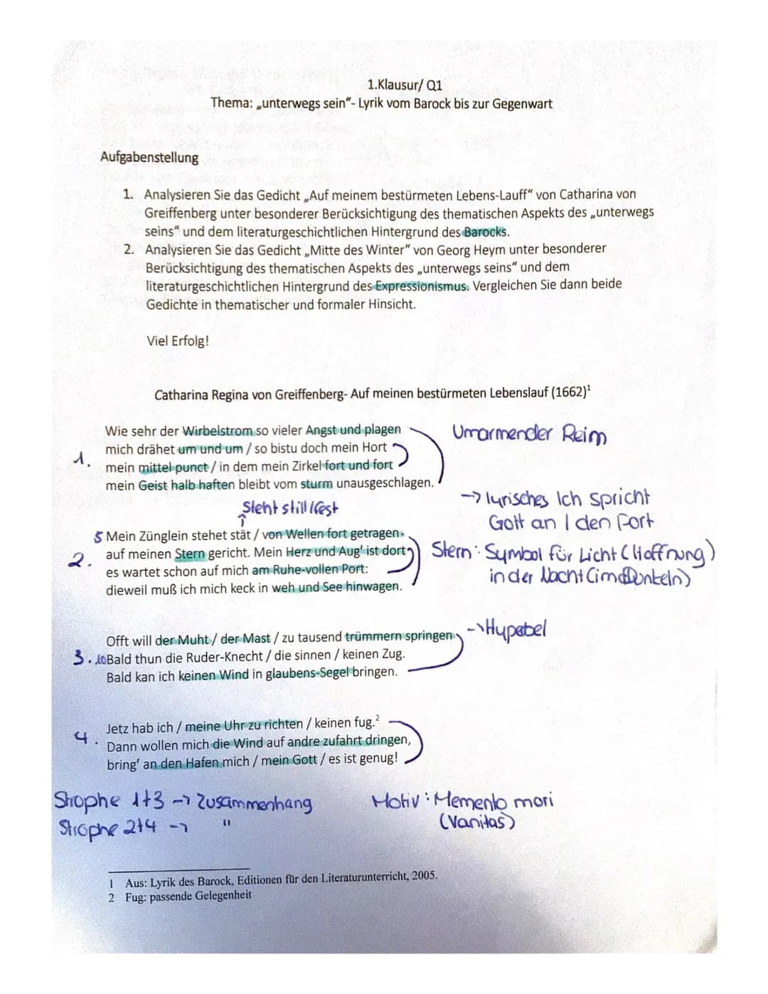 Deutsch, LK, Q1, Lyrik
1
Sara
Erwartungshorizont
Klausur Nr.1/Lyrik unterwegs sein
1. Aufgabe
Anforderungen - Die/Der Schüler/in
Formuliert 