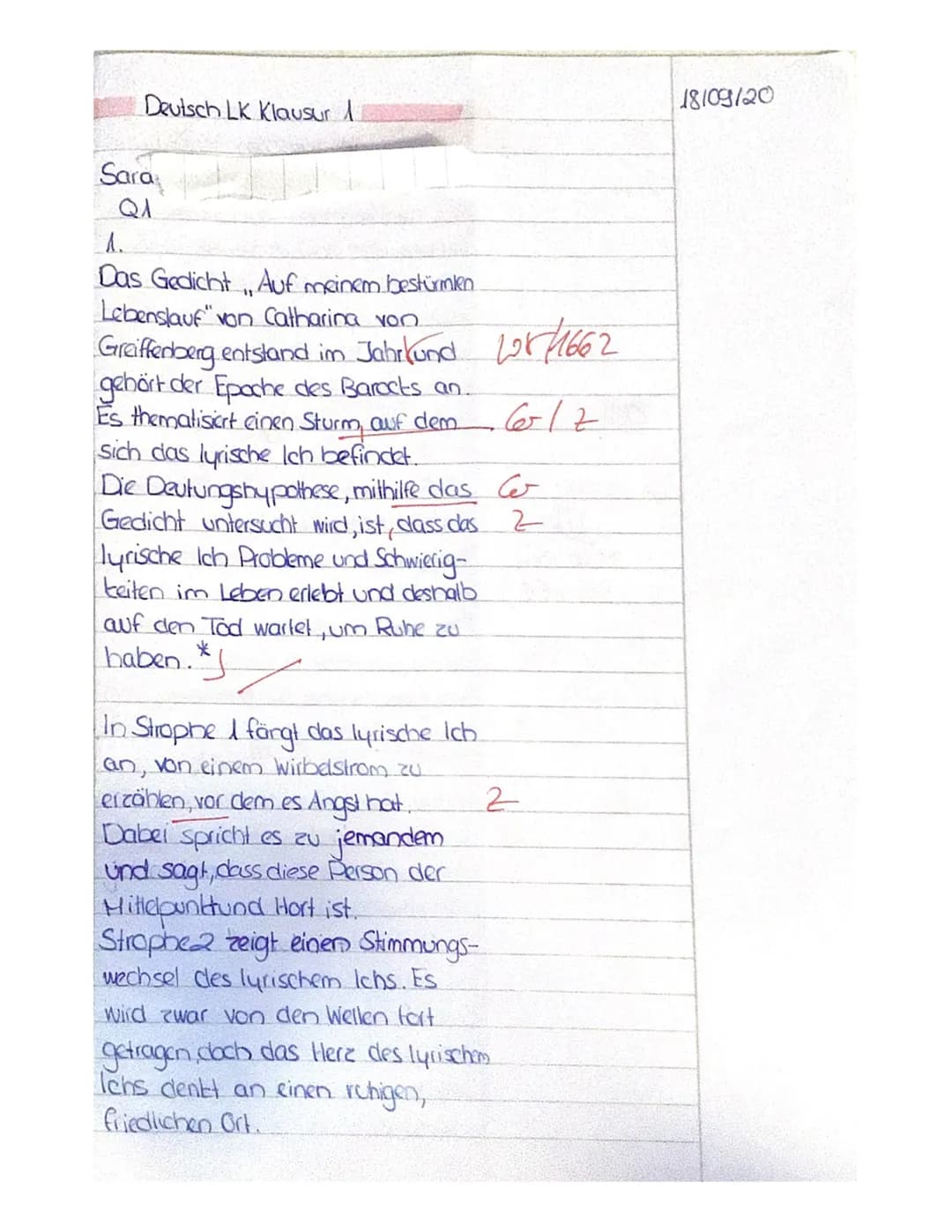 Deutsch, LK, Q1, Lyrik
1
Sara
Erwartungshorizont
Klausur Nr.1/Lyrik unterwegs sein
1. Aufgabe
Anforderungen - Die/Der Schüler/in
Formuliert 