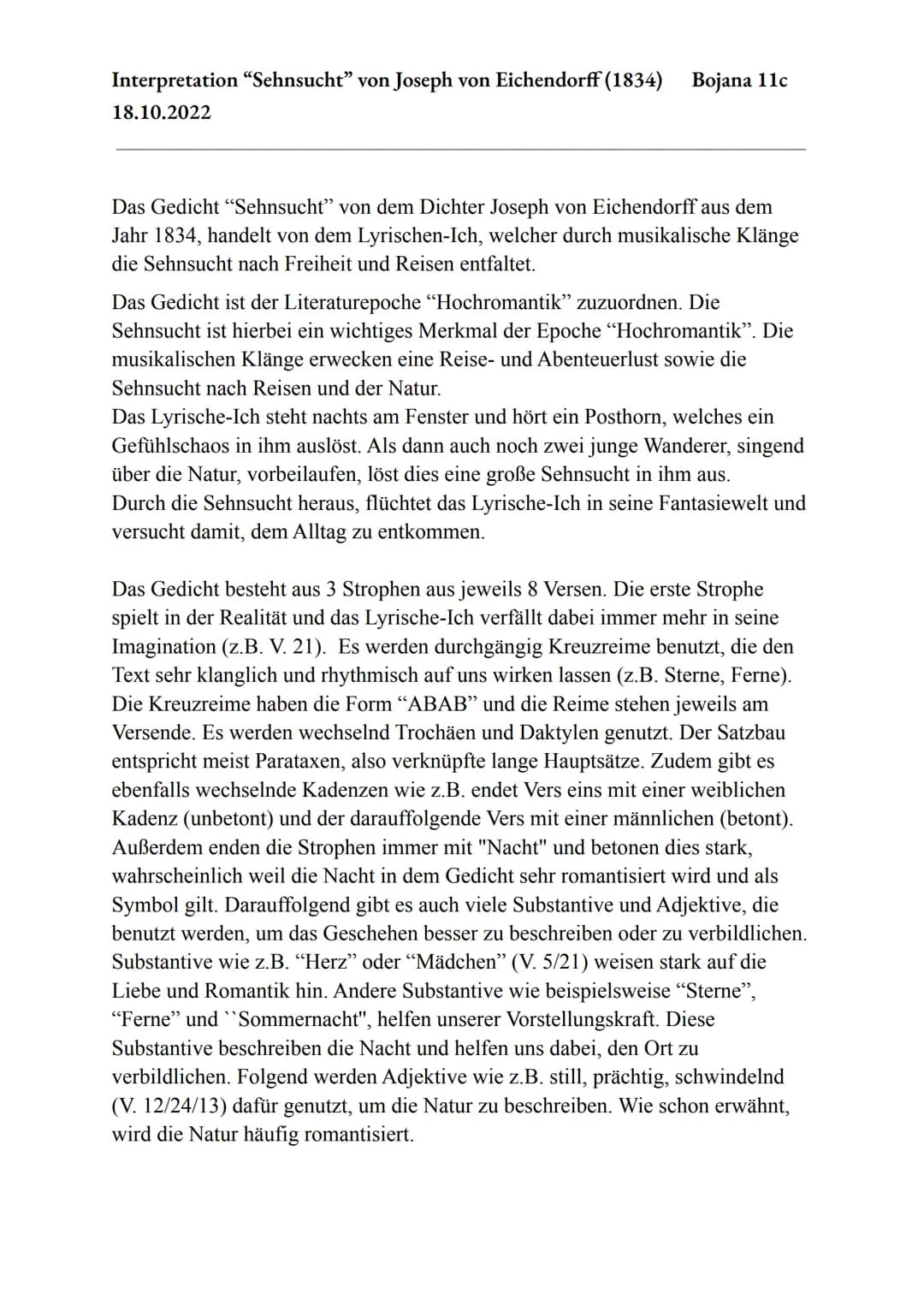 Interpretation "Sehnsucht" von Joseph von Eichendorff (1834) Bojana 11c
18.10.2022
Das Gedicht "Sehnsucht" von dem Dichter Joseph von Eichen