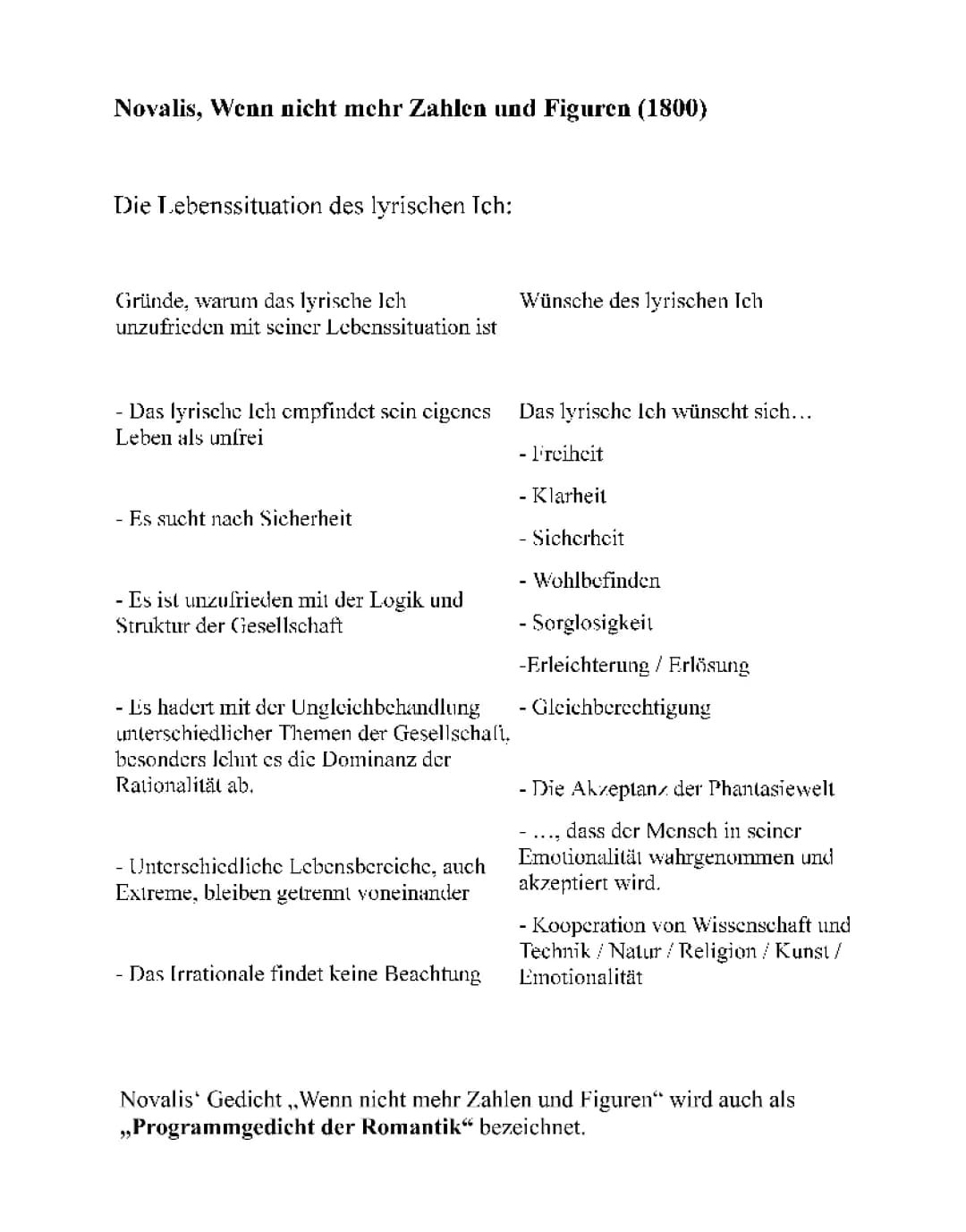 Deutsch Gedicht Analyse NOVALIS (Wenn nicht mehr Zahlen und Figuren)