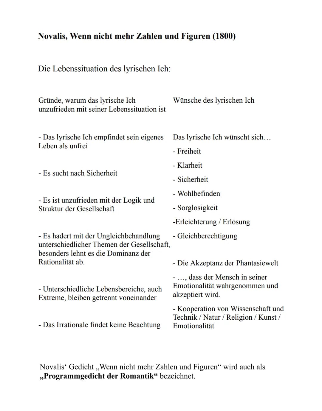 Novalis, Wenn nicht mehr Zahlen und Figuren (1800)
Die Lebenssituation des lyrischen Ich:
Gründe, warum das lyrische Ich
unzufrieden mit sei