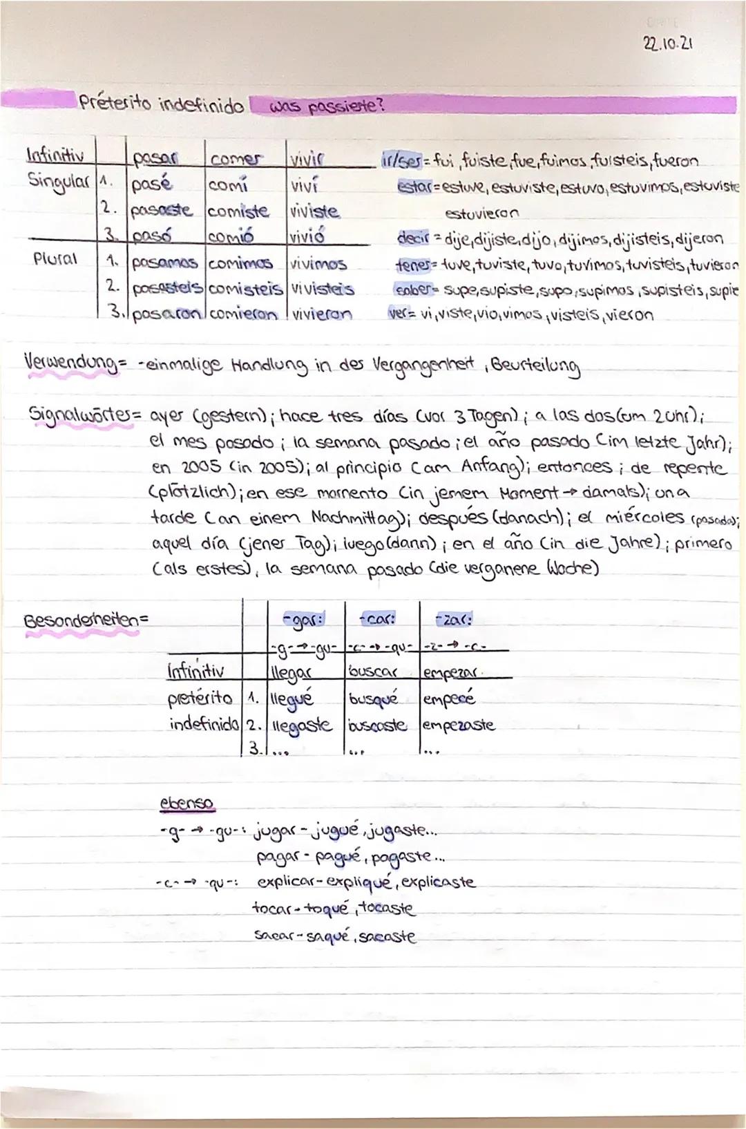 22.10.21

Préterito indefinido
was passierte?

Infinitiv
pasar
comer
vivir
Singular 1. pasé
comi
vivi
2. pasaste comiste viviste
3. pasó
com
