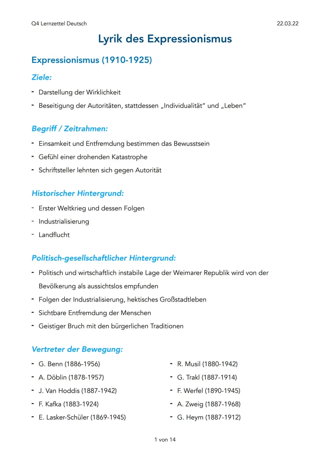 Q4 Lernzettel Deutsch
Expressionismus (1910-1925)
Ziele:
- Darstellung der Wirklichkeit
- Beseitigung der Autoritäten, stattdessen ,,Individ