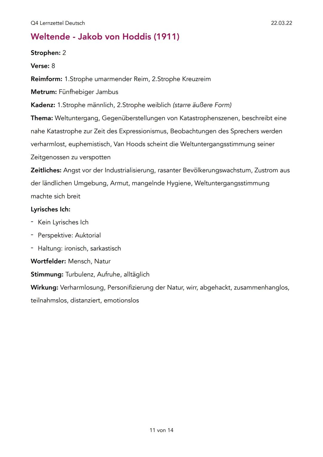 Q4 Lernzettel Deutsch
Expressionismus (1910-1925)
Ziele:
- Darstellung der Wirklichkeit
- Beseitigung der Autoritäten, stattdessen ,,Individ