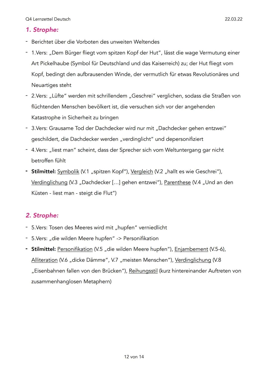 Q4 Lernzettel Deutsch
Expressionismus (1910-1925)
Ziele:
- Darstellung der Wirklichkeit
- Beseitigung der Autoritäten, stattdessen ,,Individ