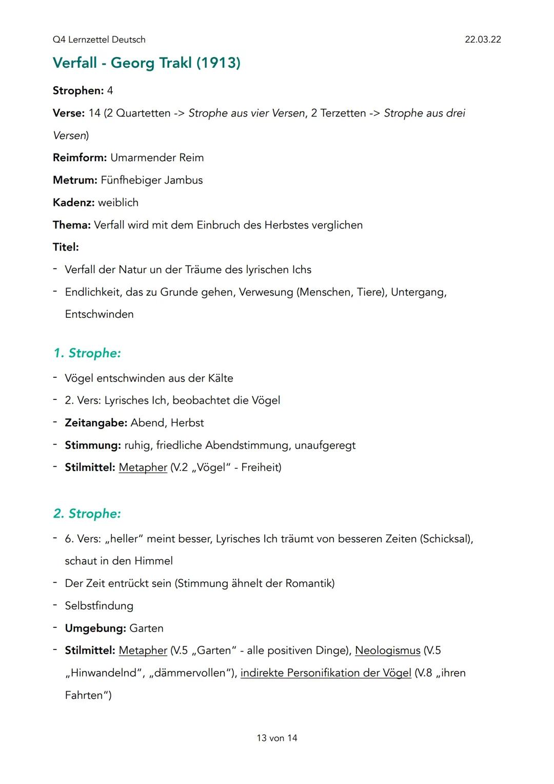 Q4 Lernzettel Deutsch
Expressionismus (1910-1925)
Ziele:
- Darstellung der Wirklichkeit
- Beseitigung der Autoritäten, stattdessen ,,Individ