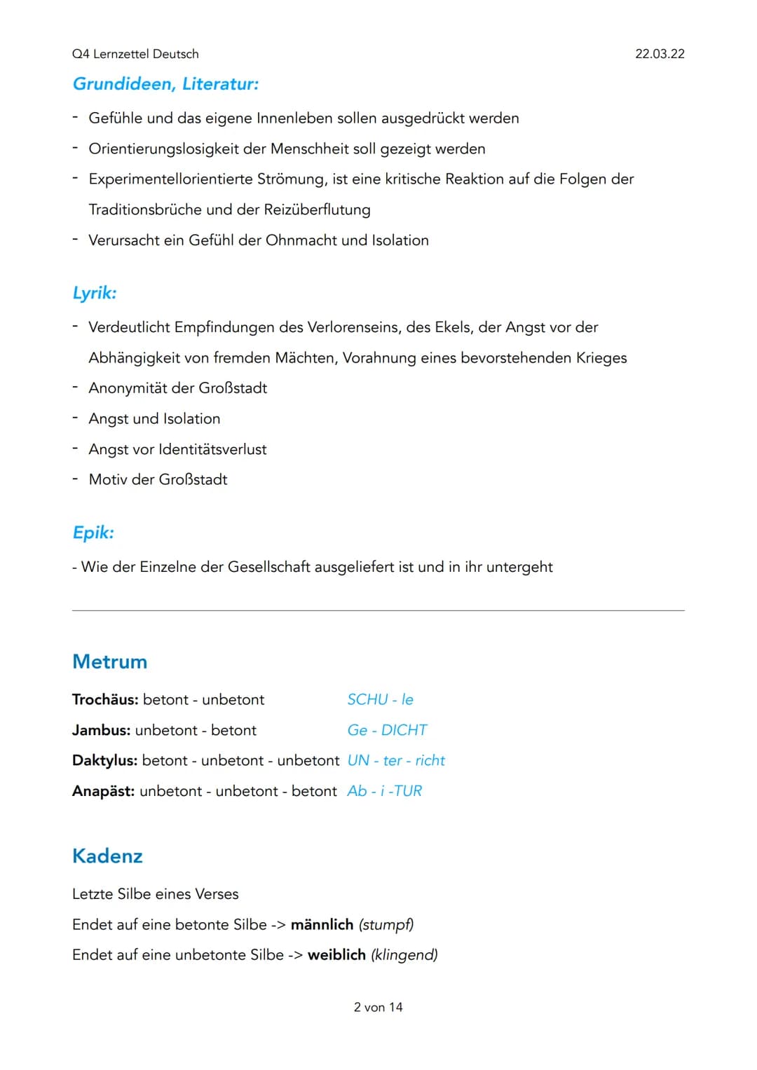 Q4 Lernzettel Deutsch
Expressionismus (1910-1925)
Ziele:
- Darstellung der Wirklichkeit
- Beseitigung der Autoritäten, stattdessen ,,Individ