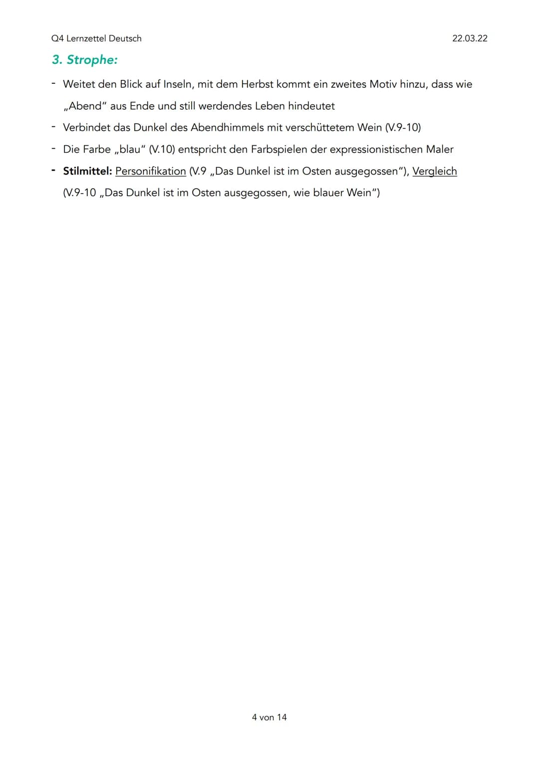 Q4 Lernzettel Deutsch
Expressionismus (1910-1925)
Ziele:
- Darstellung der Wirklichkeit
- Beseitigung der Autoritäten, stattdessen ,,Individ