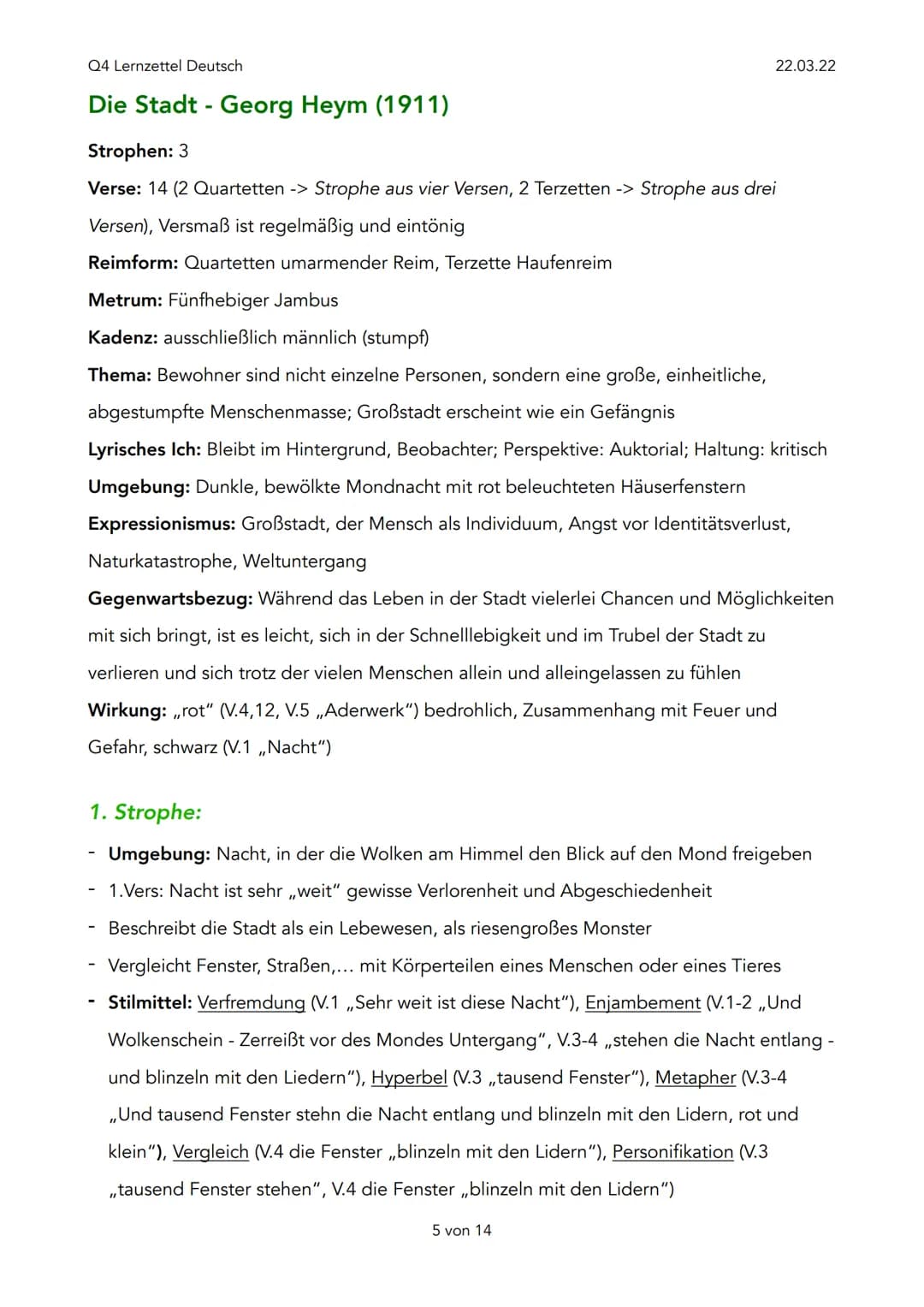 Q4 Lernzettel Deutsch
Expressionismus (1910-1925)
Ziele:
- Darstellung der Wirklichkeit
- Beseitigung der Autoritäten, stattdessen ,,Individ