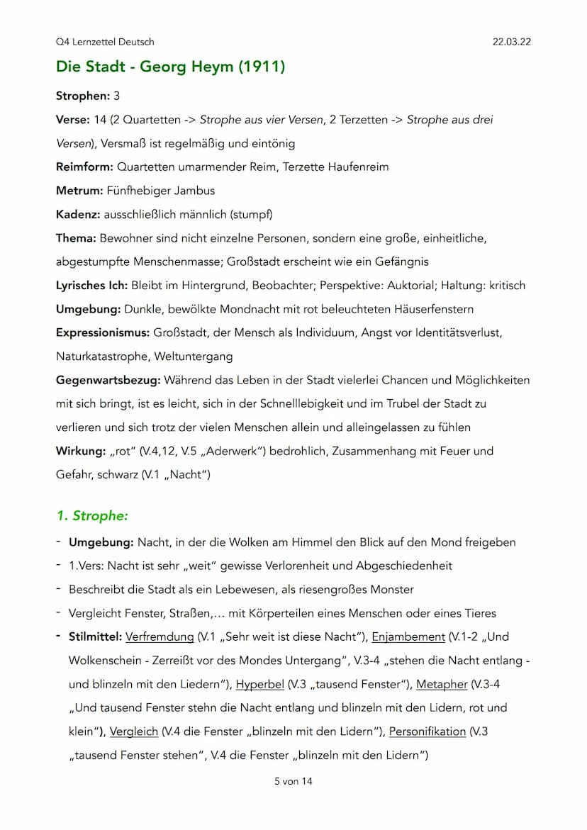 Q4 Lernzettel Deutsch
Expressionismus (1910-1925)
Ziele:
- Darstellung der Wirklichkeit
- Beseitigung der Autoritäten, stattdessen ,,Individ