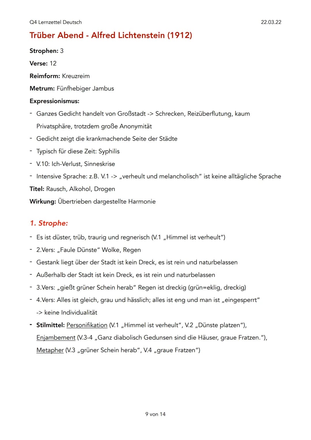 Q4 Lernzettel Deutsch
Expressionismus (1910-1925)
Ziele:
- Darstellung der Wirklichkeit
- Beseitigung der Autoritäten, stattdessen ,,Individ