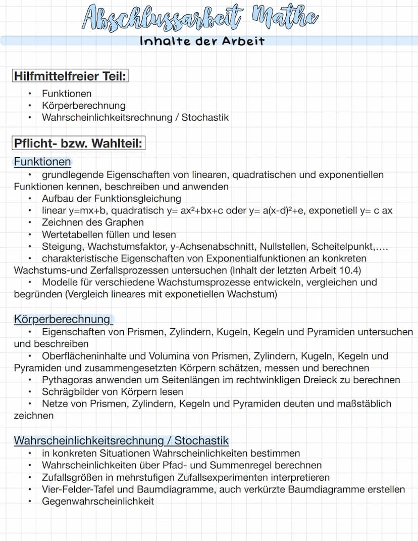 Abschlussarbeit Matthe
Lernzettel 2023 Hilfmittelfreier Teil:
Funktionen
Körperberechnung
Wahrscheinlichkeitsrechnung / Stochastik
.
●
●
Pfl