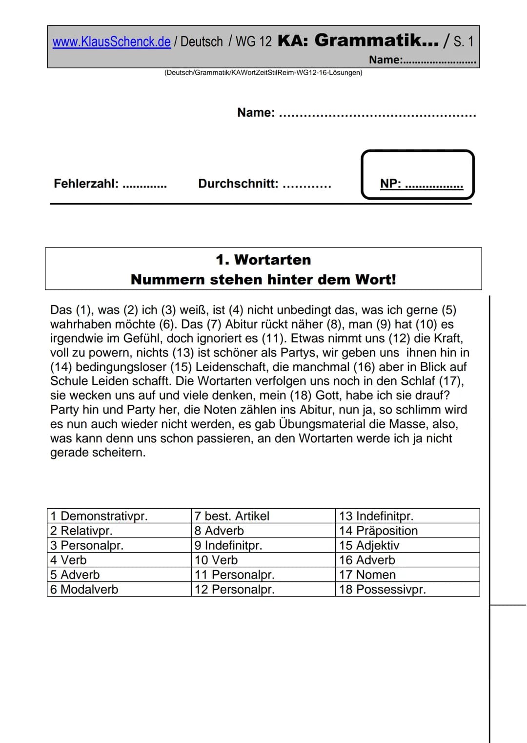 www.KlausSchenck.de / Deutsch / WG 13 KA: Grammatik / S. 1
(Deutsch/Grammatik/KAWortZeit-WG13-17)
Klasse: WG 13
Fehlerzahl:
Name:
Durchschni