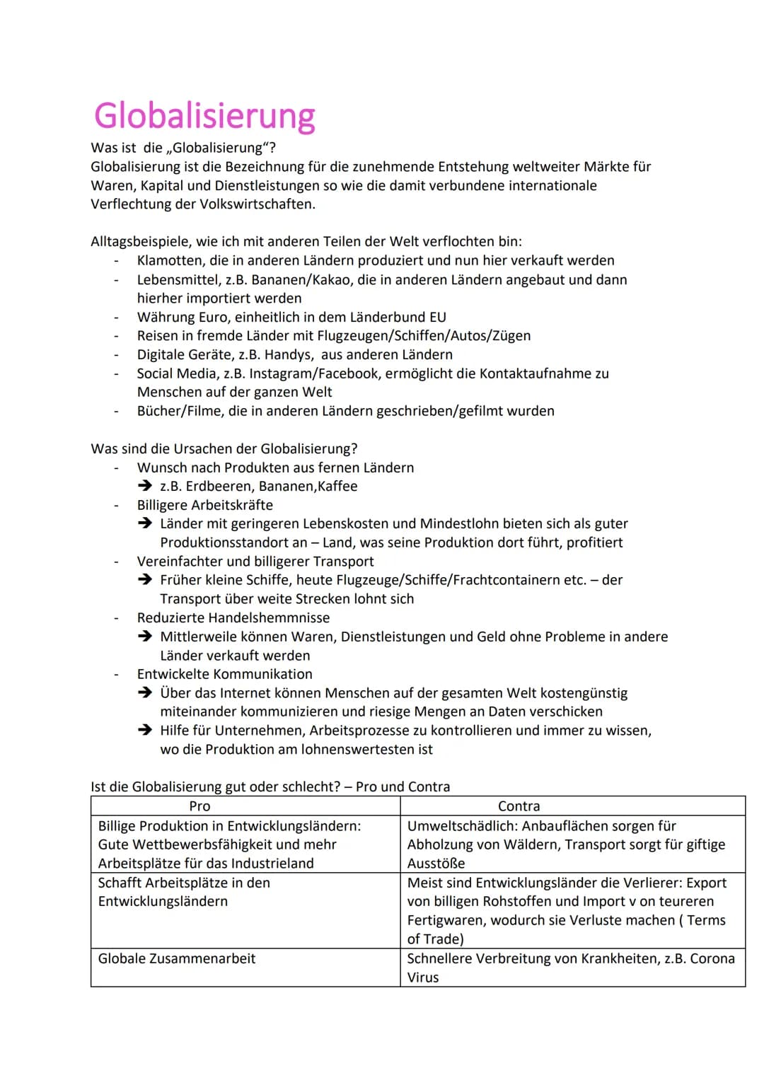 Globalisierung
Was ist die ,,Globalisierung"?
Globalisierung ist die Bezeichnung für die zunehmende Entstehung weltweiter Märkte für
Waren, 