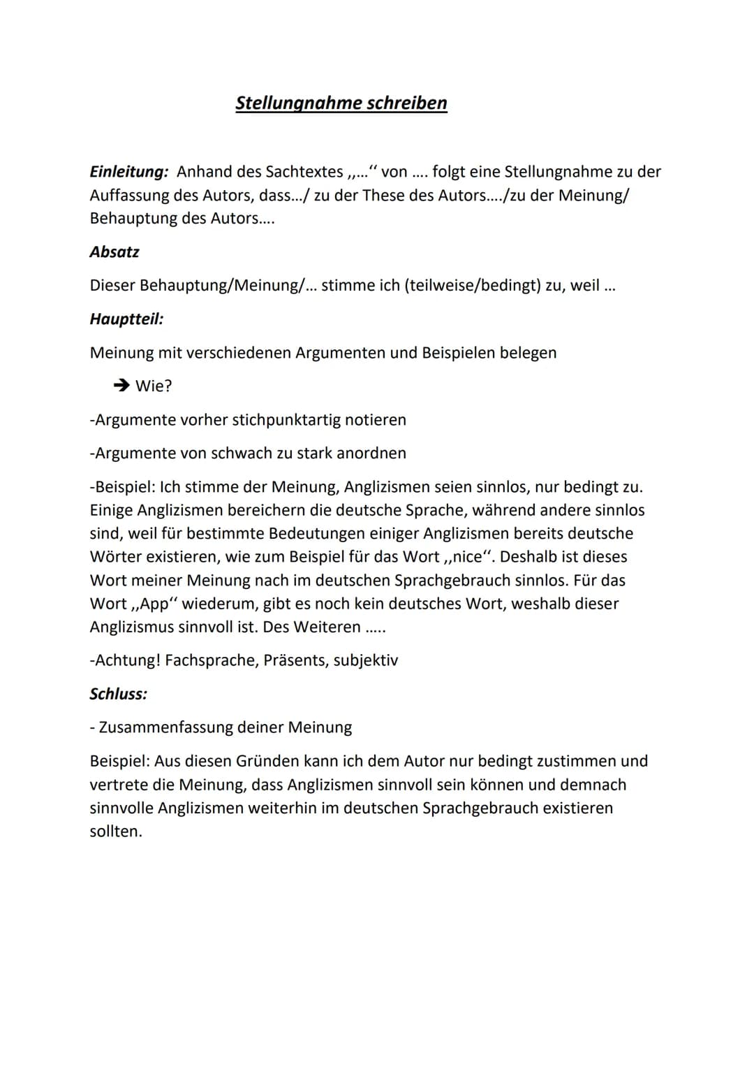 Sachtextanalyse und Stellungnahme schreiben
Sachtextanalyse:
Vorarbeit -> Sachtext lesen & unbekannte Begriffe, Thesen/ Meinungen, pro
und c