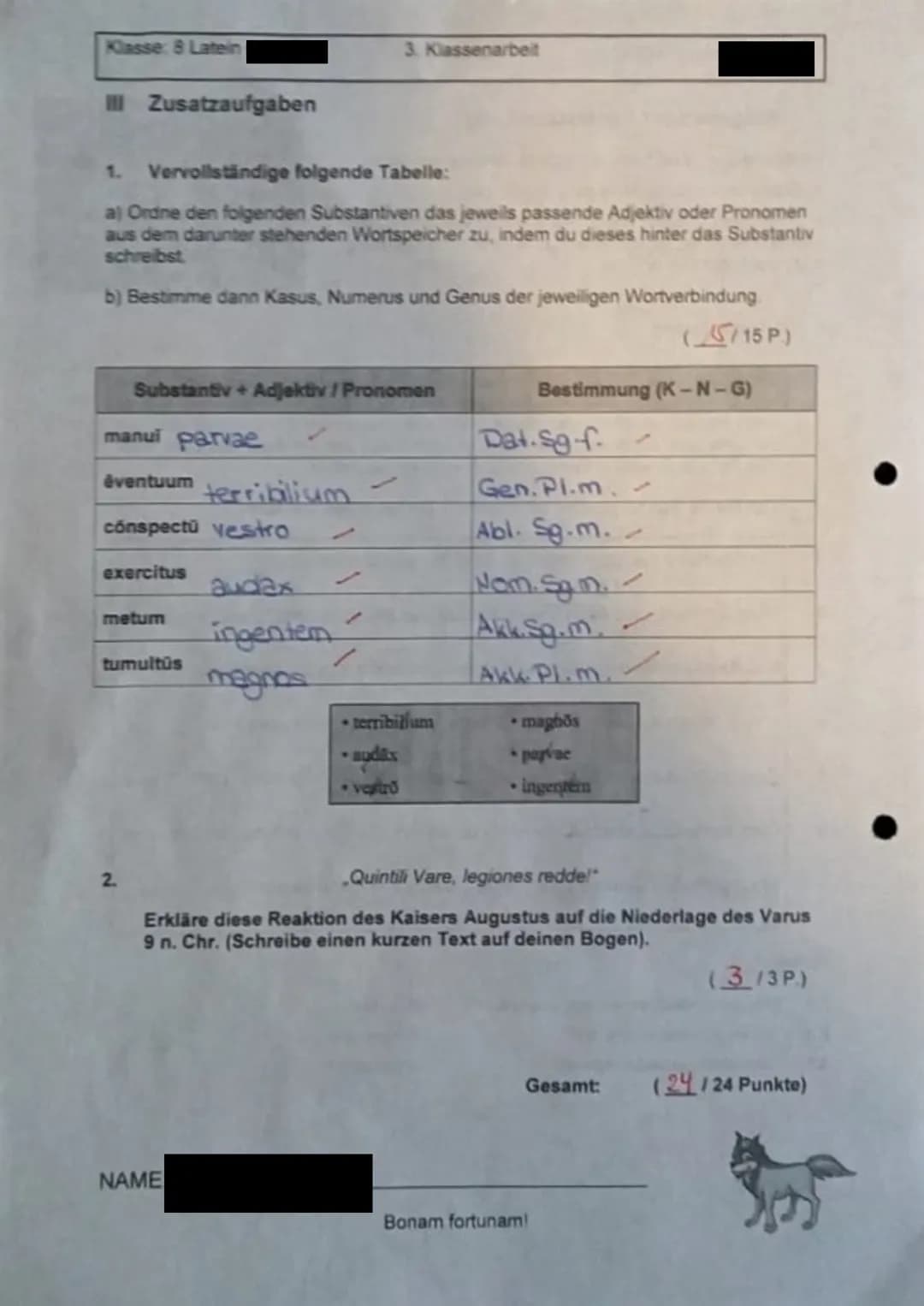 Klasse: 8 Latein
II Zusatzaufgaben
1. Vervollständige folgende Tabelle:
a) Ordine den folgenden Substantiven das jeweils passende Adjektiv o