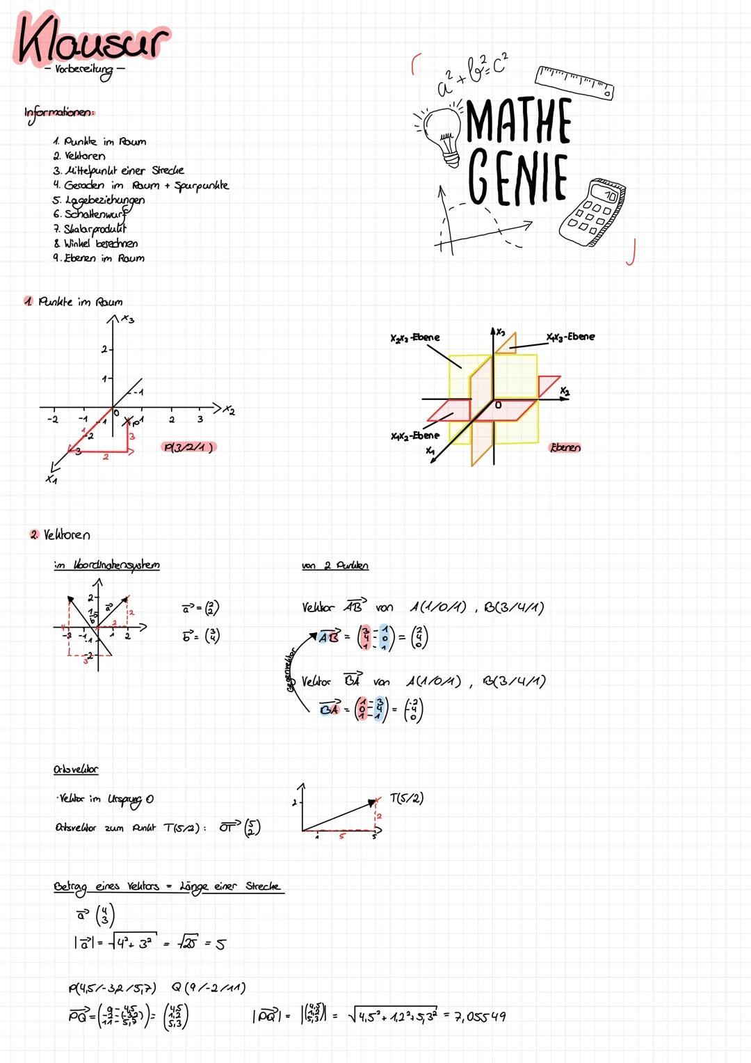 # Klausur
-Vorbereitung-

Informationen
1. Punkle im Roum
2. Vektoren
3. Mittelpunkt einer Strecke
4. Geraden im Raum + Spurpunkte
5. Lagebe