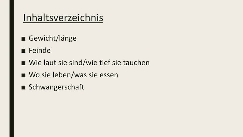 DIE ORCA Inhaltsverzeichnis
■ Gewicht/länge
Feinde
■Wie laut sie sind/wie tief sie tauchen
■ Wo sie leben/was sie essen
■ Schwangerschaft Ge