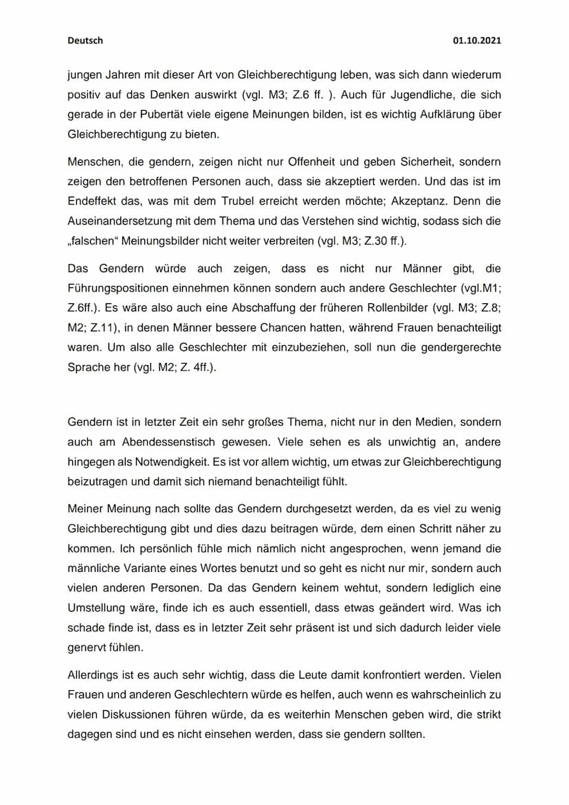 Deutsch
Materialgestütztes Erörtern
Gendern - Der neuste Schrei?
01.10.2021
„Es gehört zur Demokratie und unserer Verfassung, alle Menschen 