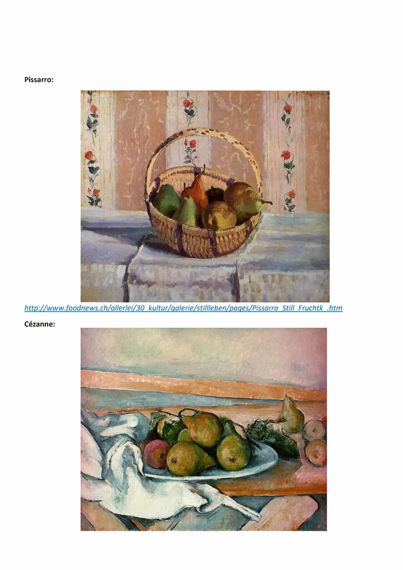 Gemälde Vergleich
Paul Cézanne - Stillleben mit Birnen, 1885, Öl auf Leinwand
Camille Pissarro - Stillleben mit Birnen, 1872, Öl auf Leinwan