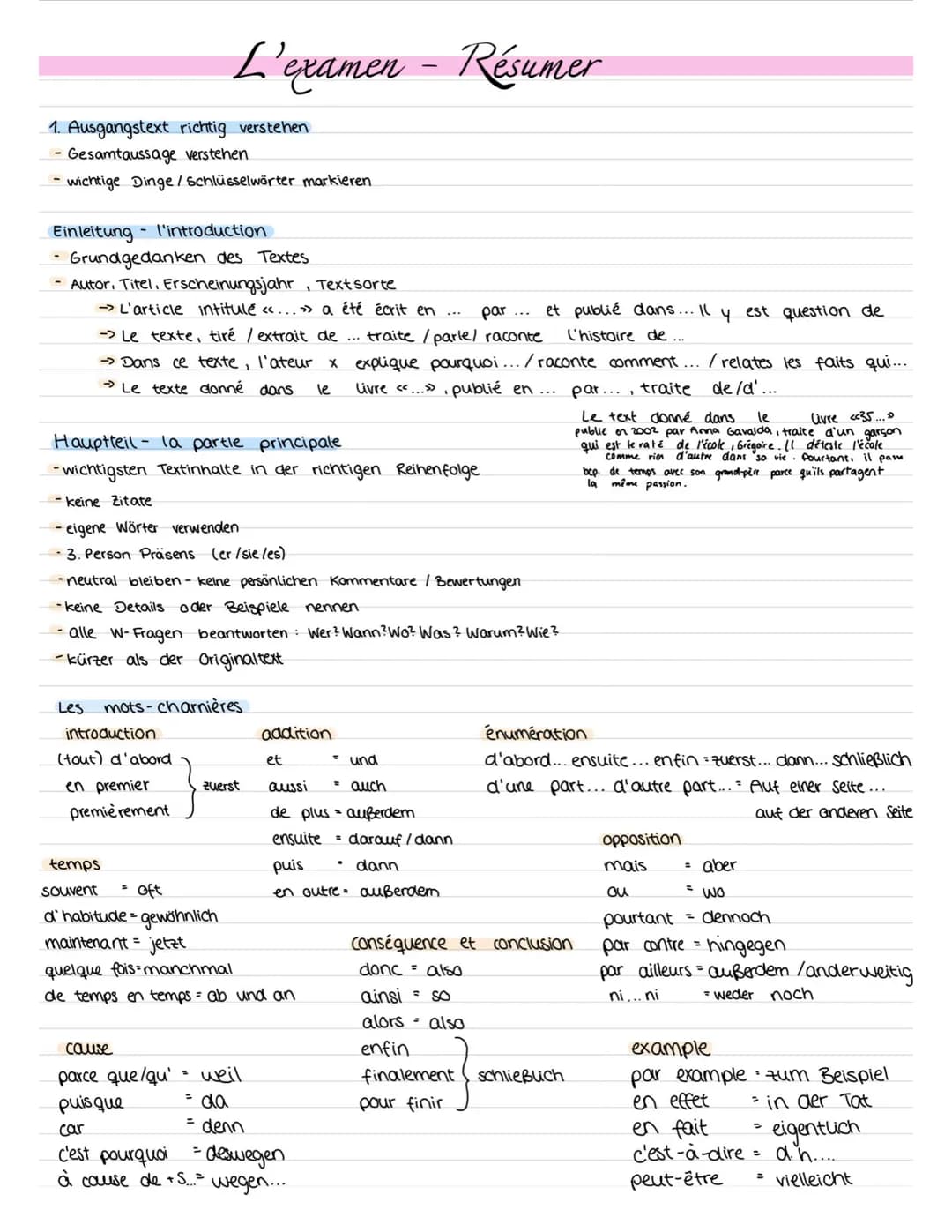 1. Ausgangstext richtig verstehen
Gesamtaussage verstehen.
- wichtige Dinge / Schlüsselwörter markieren.
L'examen
Einleitung - l'introductio